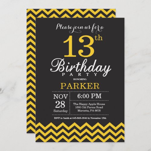 13th Birthday Invitation Black and Yellow Chevron