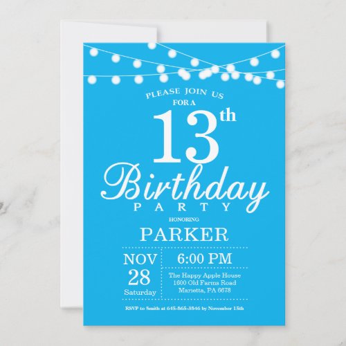 13th Birthday Invitation Blue