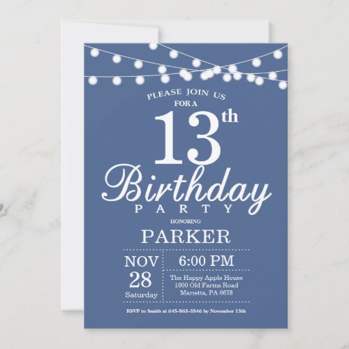 13th Birthday Invitation Blue