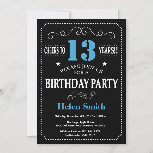 13th Birthday Invitation Blue and Black Chalkboard