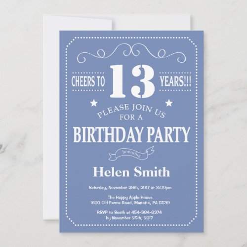 13th Birthday Invitation Blue and White