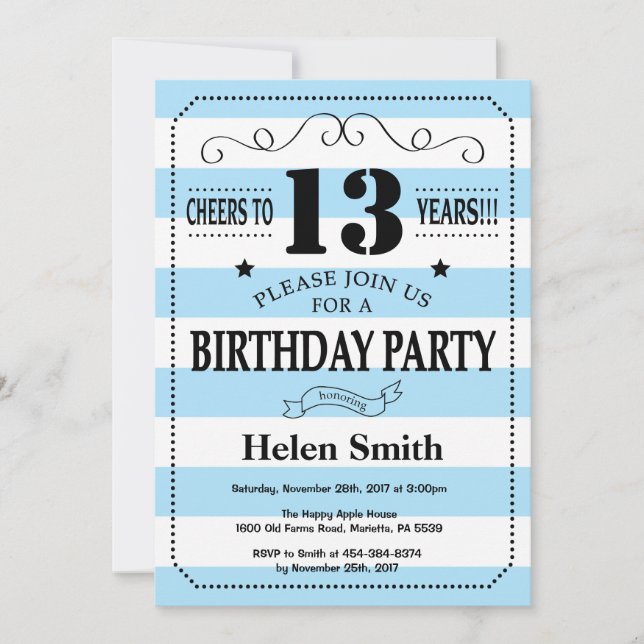 13th Birthday Invitation Blue and White Stripes (Front)