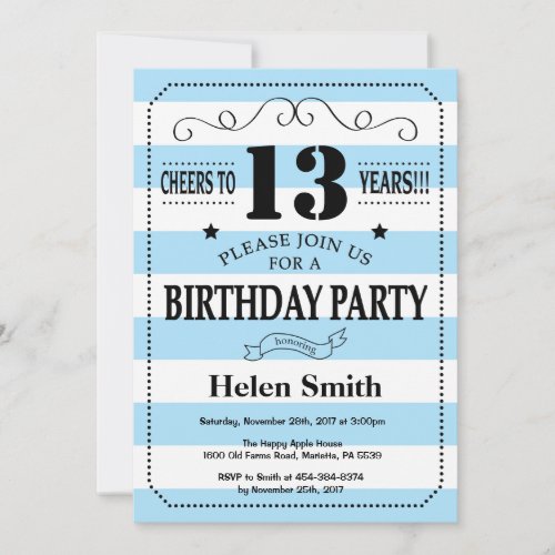 13th Birthday Invitation Blue and White Stripes