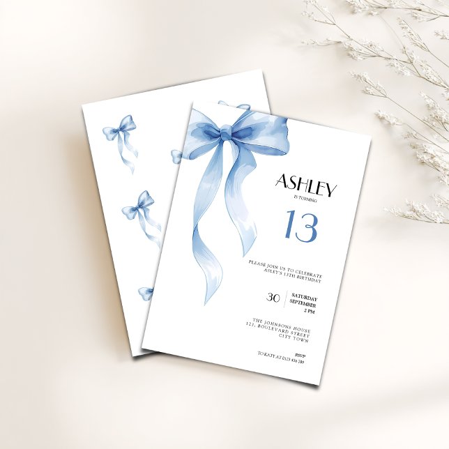 13th Birthday Invitation Blue Bow for Girls (Blue bow coquette 13th birthday invitation for girls)