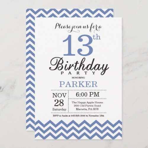 13th Birthday Invitation Blue Chevron