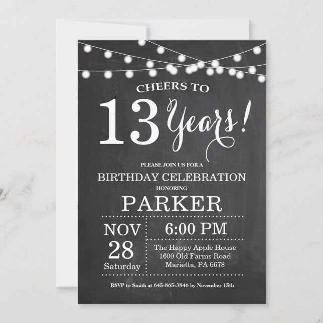13th Birthday Invitation Chalkboard (Front)