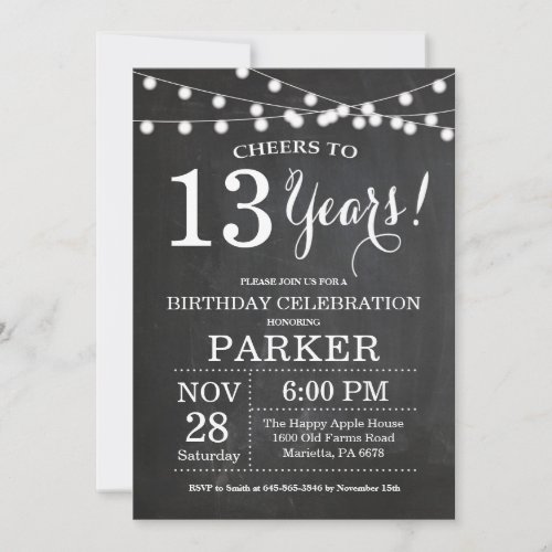 13th Birthday Invitation Chalkboard