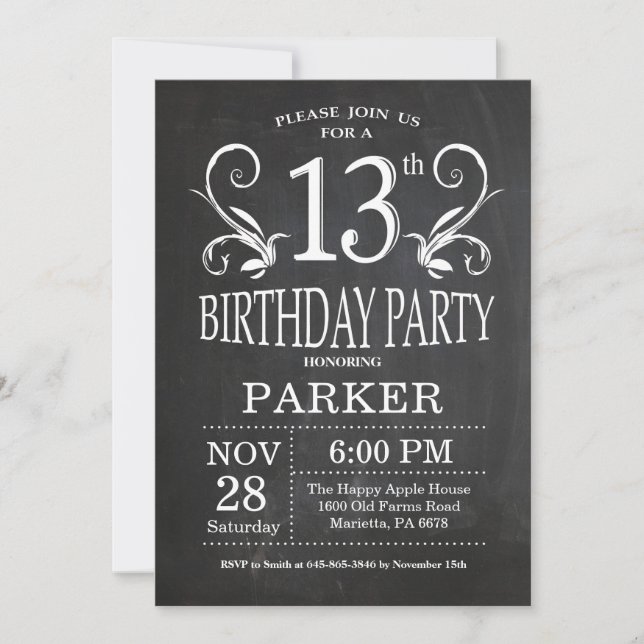 13th Birthday Invitation Chalkboard Floral (Front)