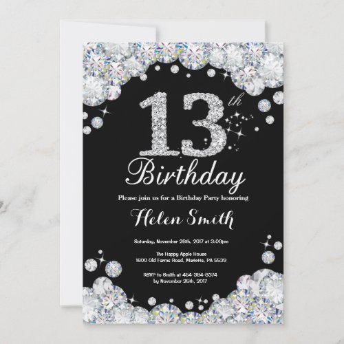 13th Birthday Invitation Chalkboard Silver Diamond