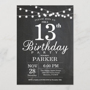 13th Birthday Invitation Chalkboard String Lights