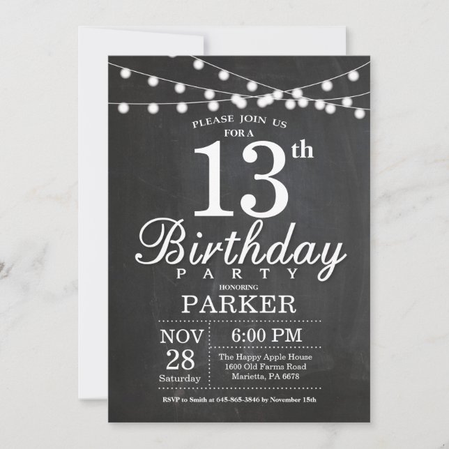 13th Birthday Invitation Chalkboard String Lights (Front)