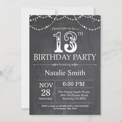 13th Birthday Invitation Chalkboard String Lights