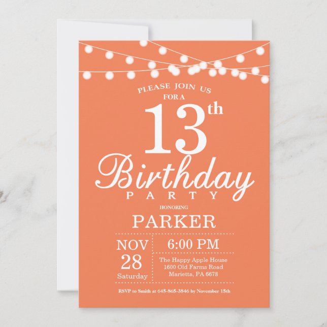 13th Birthday Invitation Coral (Front)