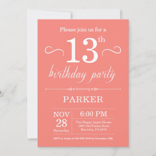 13th Birthday Invitation Coral