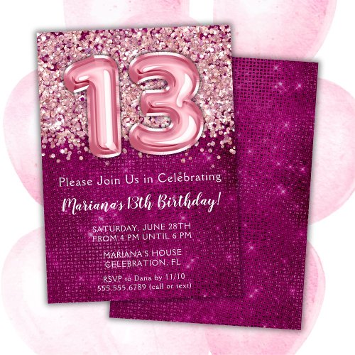 13th Birthday Invitation Girl Magenta Pink Glitter