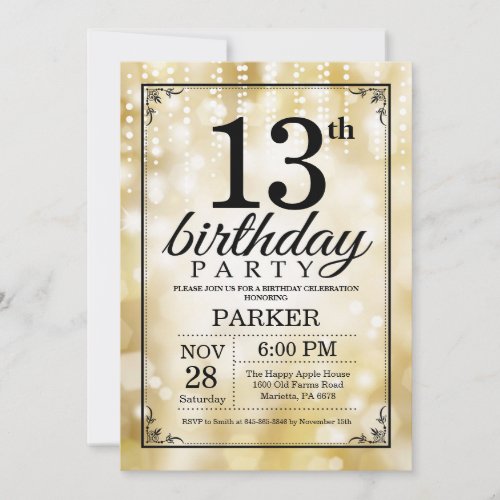 13th Birthday Invitation Gold Glitter