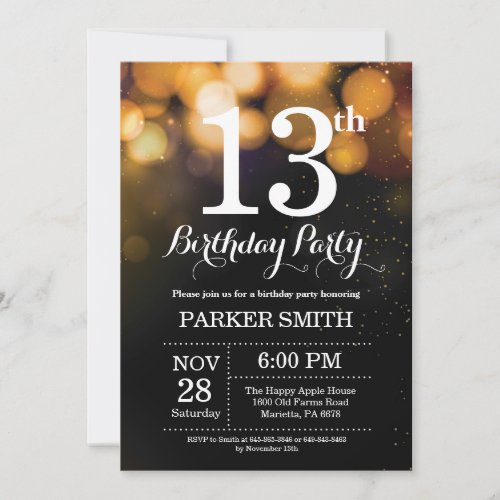 13th Birthday Invitation Gold Glitter