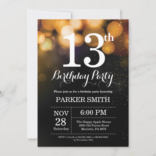 13th Birthday Invitation Gold Glitter (Front)