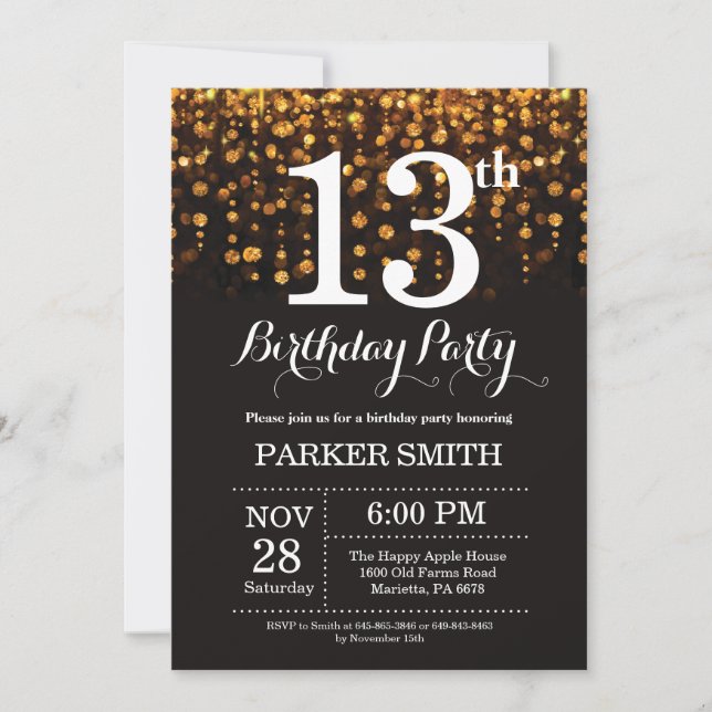 13th Birthday Invitation Gold Glitter (Front)