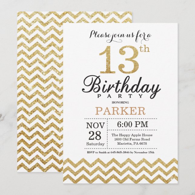 13th Birthday Invitation Gold Glitter (Front/Back)