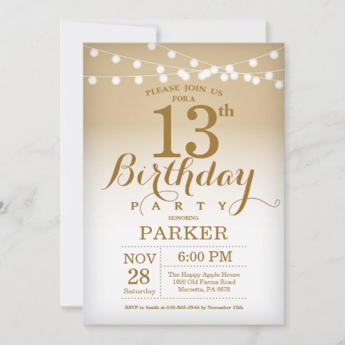 13th Birthday Invitation Gold String Lights