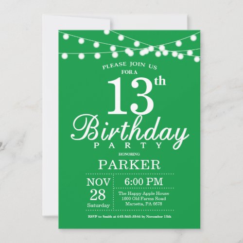 13th Birthday Invitation Green