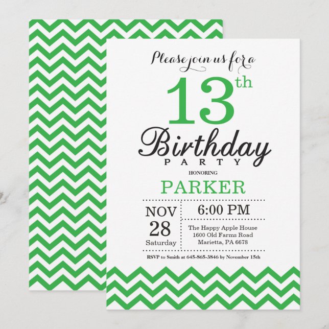 13th Birthday Invitation Green Chevron (Front/Back)