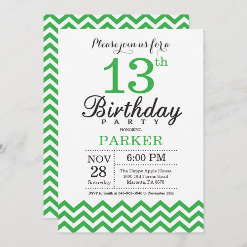 13th Birthday Invitation Green Chevron