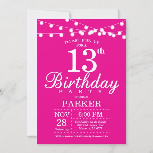 13th Birthday Invitation Hot Pink