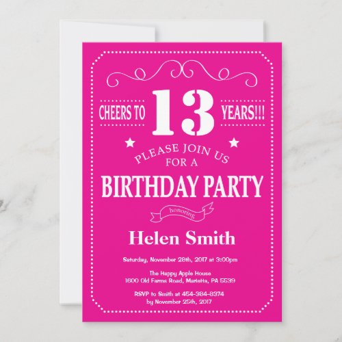 13th Birthday Invitation Hot Pink and White