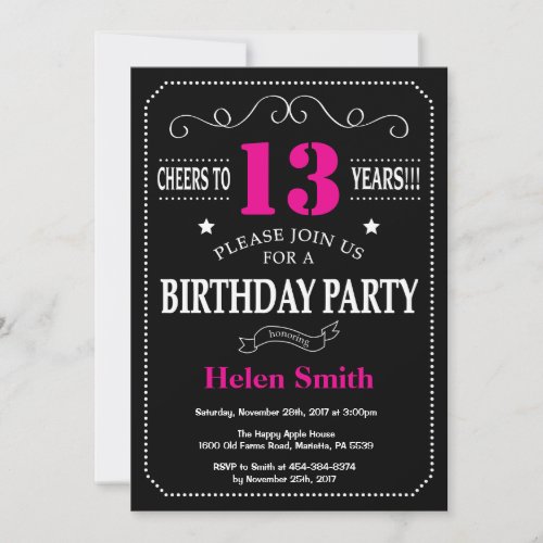13th Birthday Invitation Hot Pink Black Chalkboard