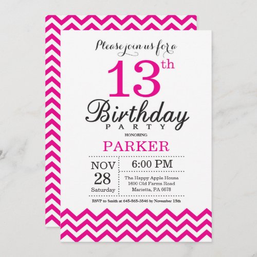 13th Birthday Invitation Hot Pink Chevron