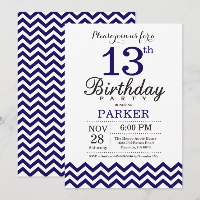 13th Birthday Invitation Navy Blue Chevron (Front/Back)