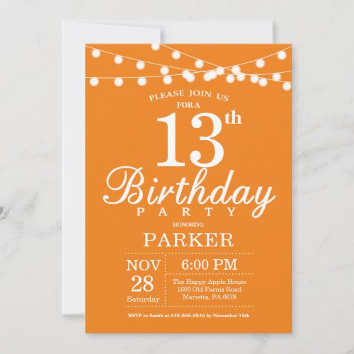 13th Birthday Invitation Orange