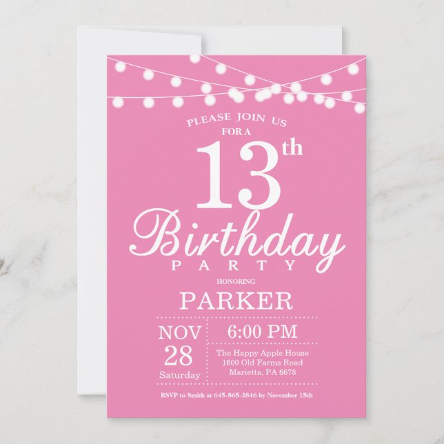 13th Birthday Invitation Pink (Front)