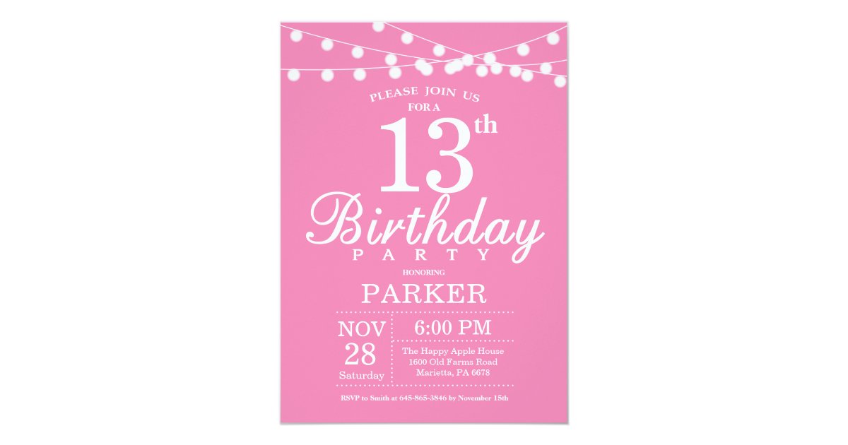 13th Birthday Invitation Pink | Zazzle.com