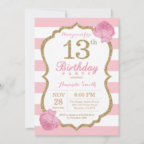 13th Birthday Invitation Pink and Gold Floral