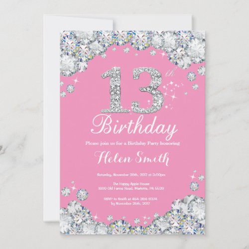 13th Birthday Invitation Pink and Silver Diamond