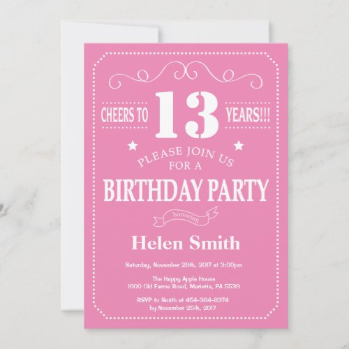 13th Birthday Invitation Pink and White