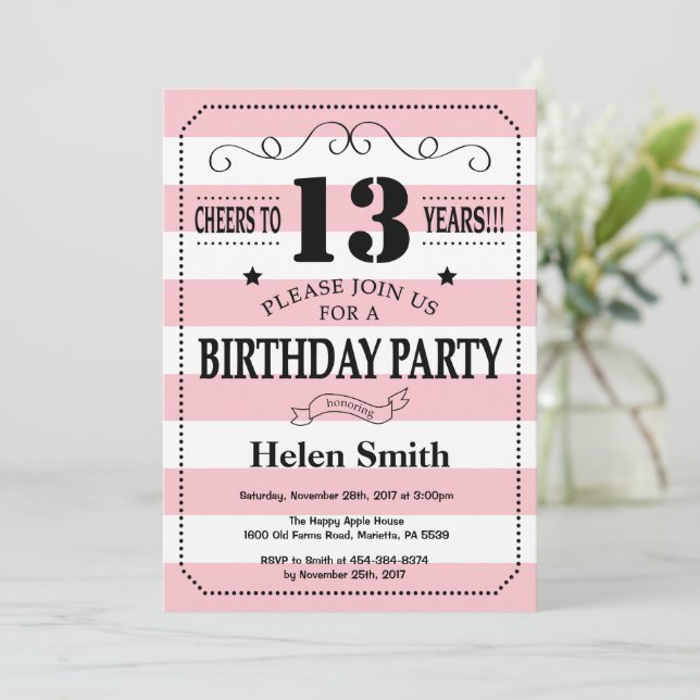 13th Birthday Invitation Pink and White Stripes | Zazzle