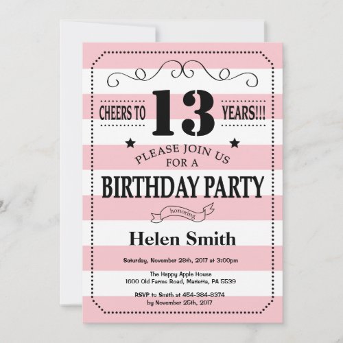 13th Birthday Invitation Pink and White Stripes