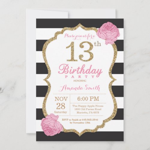13th Birthday Invitation Pink Black Gold Floral