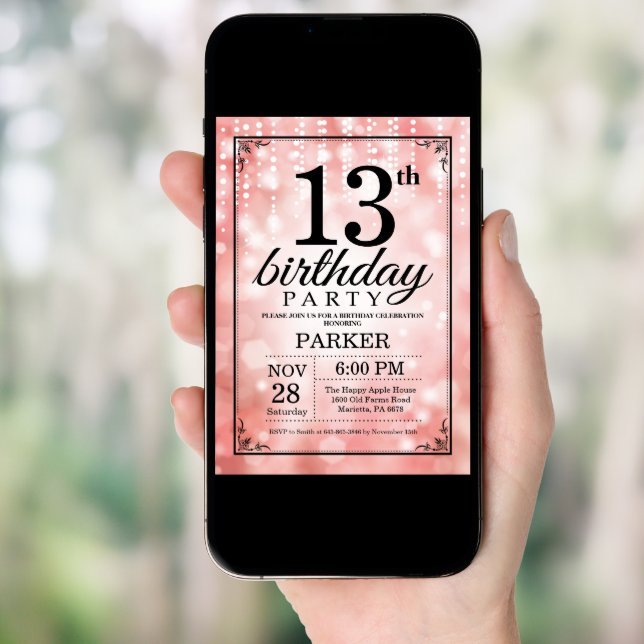 13th Birthday Invitation Pink Glitter (Front Digital)