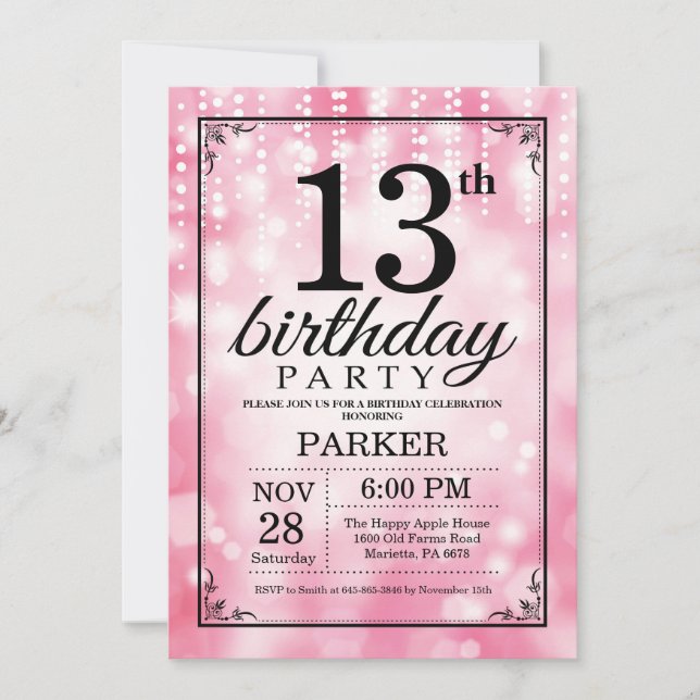 13th Birthday Invitation Pink Glitter (Front)