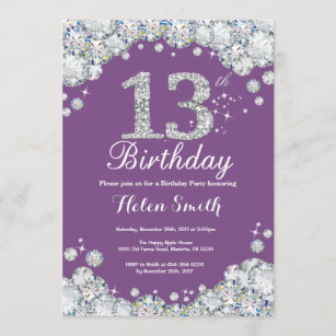 13th Birthday Invitation Purple and Silver Diamond