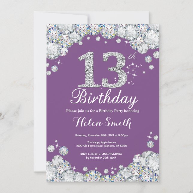 13th Birthday Invitation Purple and Silver Diamond (Front)