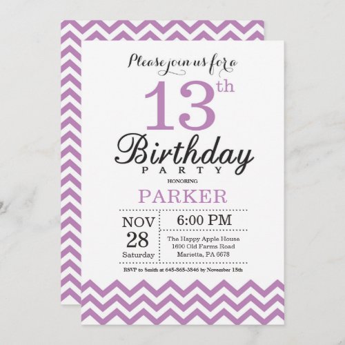 13th Birthday Invitation Purple Chevron