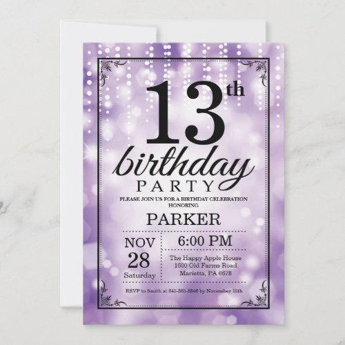13th Birthday Invitation Purple Glitter