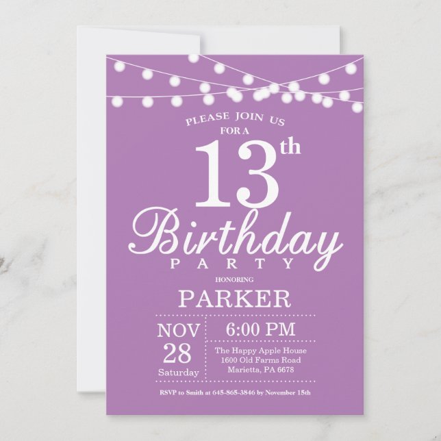 13th Birthday Invitation Purple Lavender Lilac (Front)