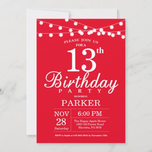 13th Birthday Invitation Red